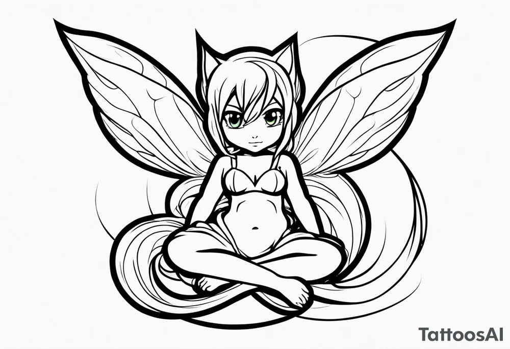 No color fairy with a tail inspired by the guild symbol in the anime show called Fairy Tail in a fetal position leaning in and forward while crawled in tattoo idea