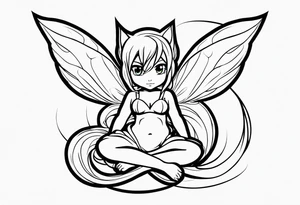 No color fairy with a tail inspired by the guild symbol in the anime show called Fairy Tail in a fetal position leaning in and forward while crawled in tattoo idea