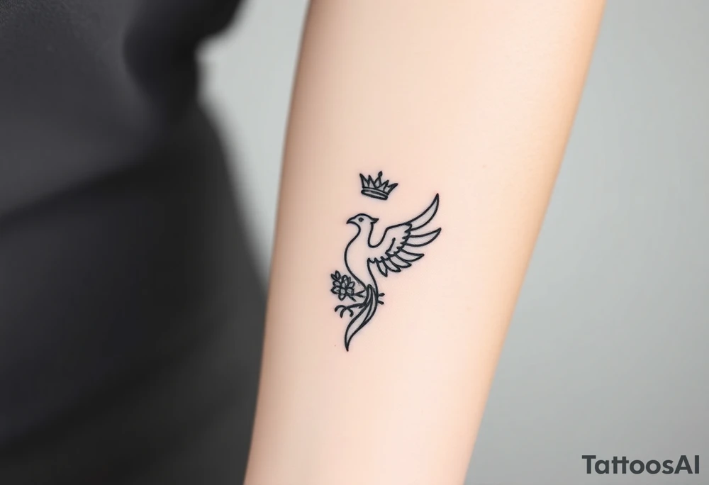 Minimal phoenix and crown fine lines tattoo idea