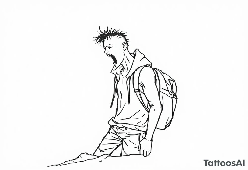 Confusion and pressure in thin lines on screaming solo traveler with no face with his skin ripped left on the path he passed tattoo idea