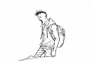 Confusion and pressure in thin lines on screaming solo traveler with no face with his skin ripped left on the path he passed tattoo idea