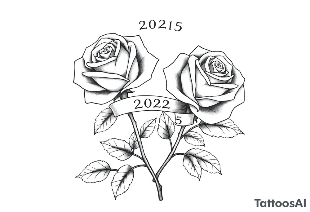 two beautiful large rose buds, one larger than the other, with many leaves and their stems intertwined, with one sitting higher than the other. Include a banner connecting the two roses with "2025" on it.  The word "Rose" written in Kanji above the drawing.  Use dark outlines with little shading. The two stems should be short, not long, and connect and join into one stem, whimsically curved or twisted - not straight down. tattoo idea