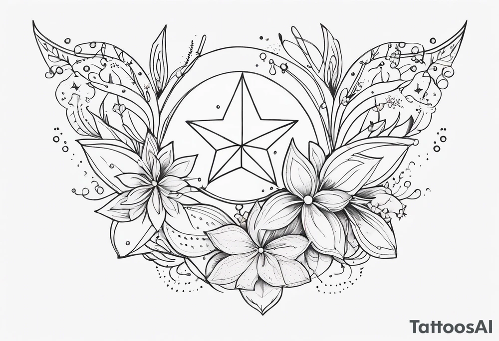fine line with stars, floral, dots. Sternum tattoo tattoo idea