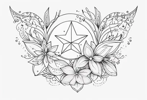 fine line with stars, floral, dots. Sternum tattoo tattoo idea