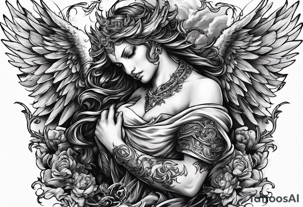 Create a dynamic tattoo of an angel and a demon engaged in a fierce battle, symbolizing the eternal struggle between good and evil within oneself. tattoo idea