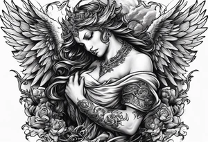Create a dynamic tattoo of an angel and a demon engaged in a fierce battle, symbolizing the eternal struggle between good and evil within oneself. tattoo idea