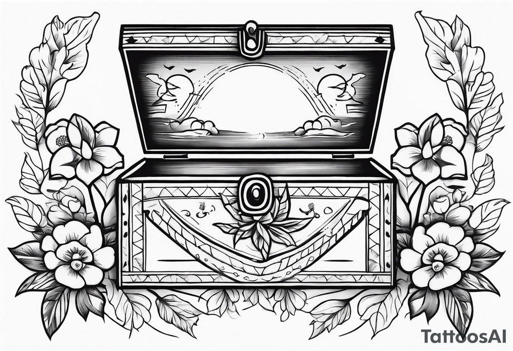 An sailor Jerry style tattoo of a vintage cigar box surrounded by traditional flowers tattoo idea