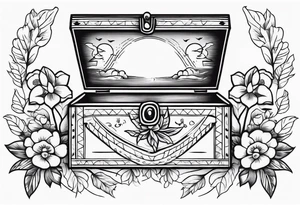 An sailor Jerry style tattoo of a vintage cigar box surrounded by traditional flowers tattoo idea