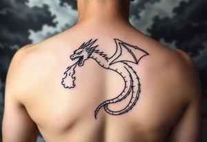 fierce dragon breathing iridescent fire against stormy skies tattoo idea