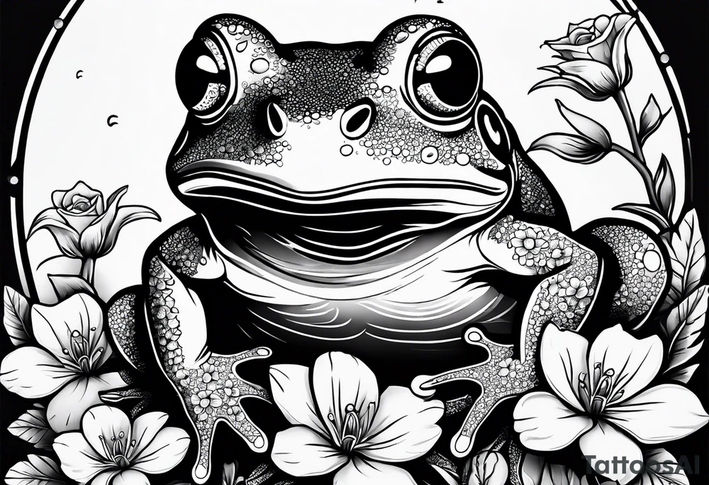 Frog with engagement ring and flowers and sharks tattoo idea