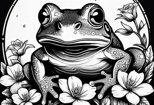 Frog with engagement ring and flowers and sharks tattoo idea