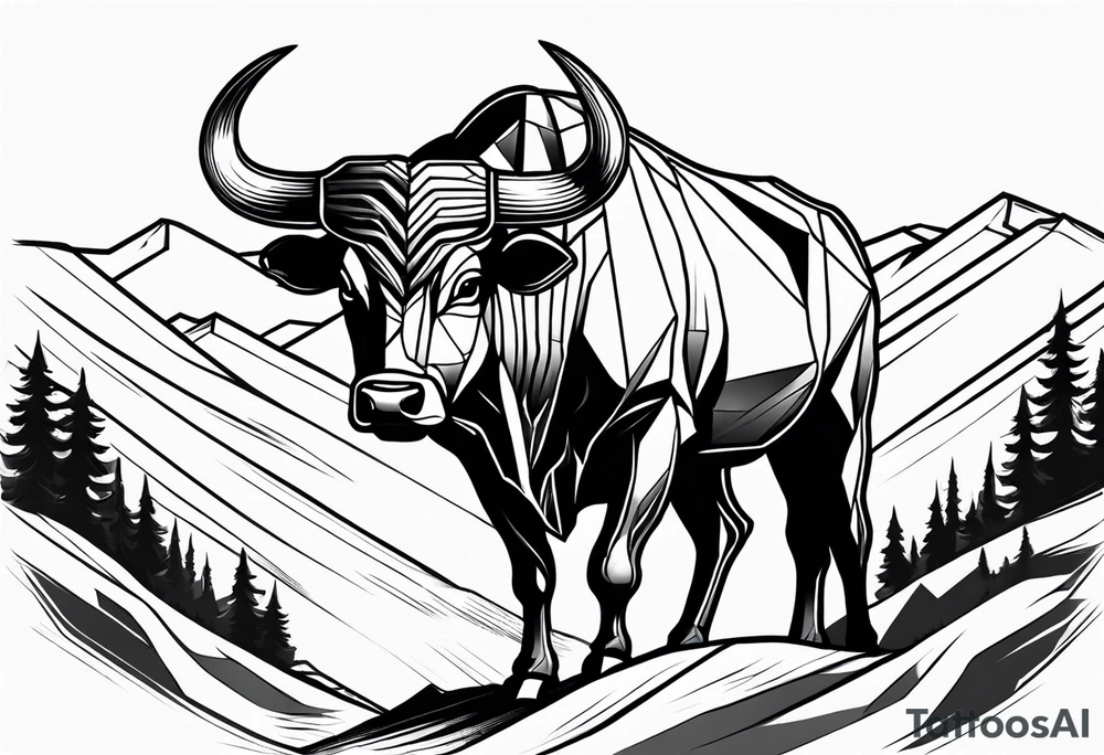 Bulls head coming out of the mountains tattoo idea