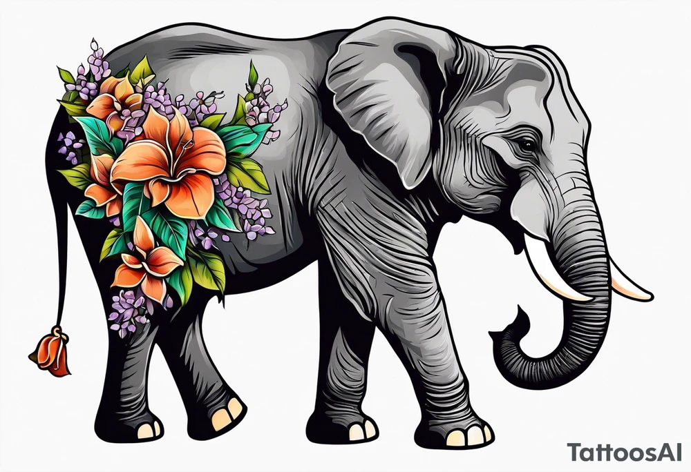 Elephant with baby Elephant holding lilacs tattoo idea