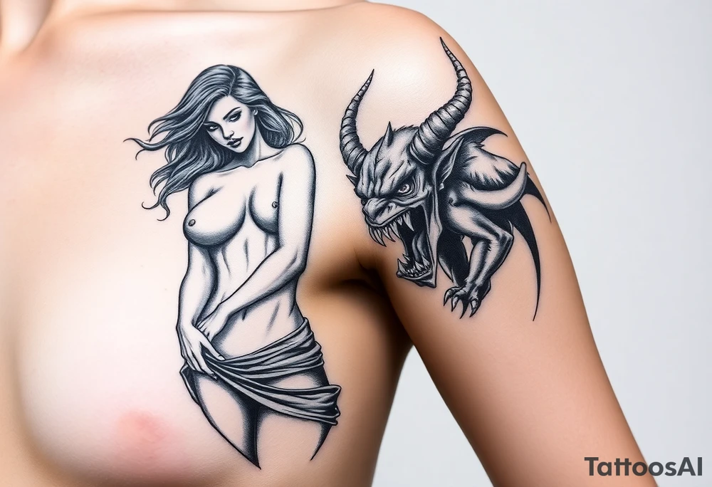 beautiful naked woman and a angry and powerful demon tattoo idea