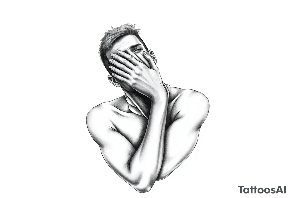 a naked man covering his eyes and mouth with a cloth with no emotions and looking up tattoo idea