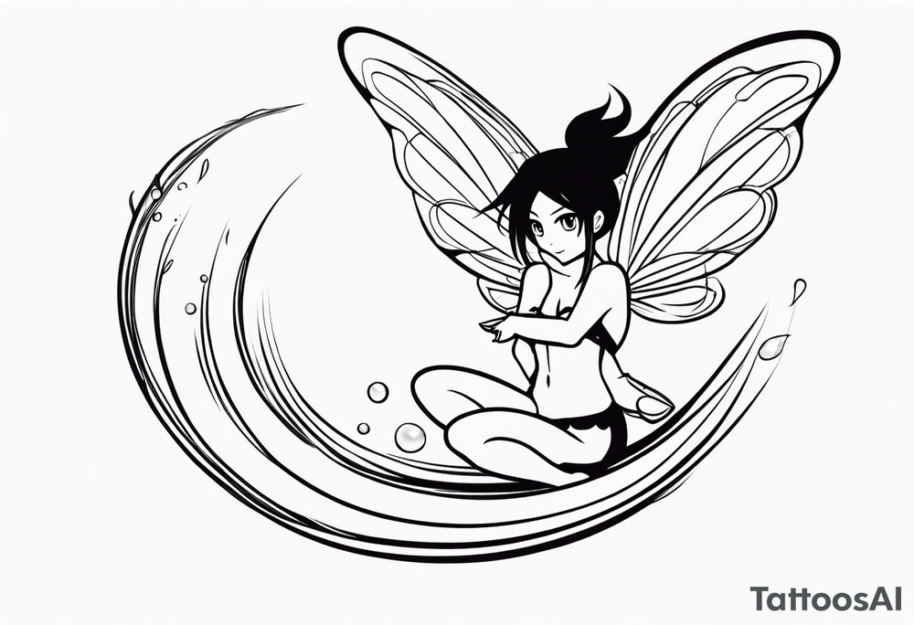No color fairy with a tail inspired by the logo of the anime show called Fairy Tail in a fetal position leaning in and forward while in the air floating tattoo idea