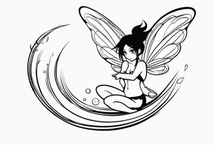 No color fairy with a tail inspired by the logo of the anime show called Fairy Tail in a fetal position leaning in and forward while in the air floating tattoo idea