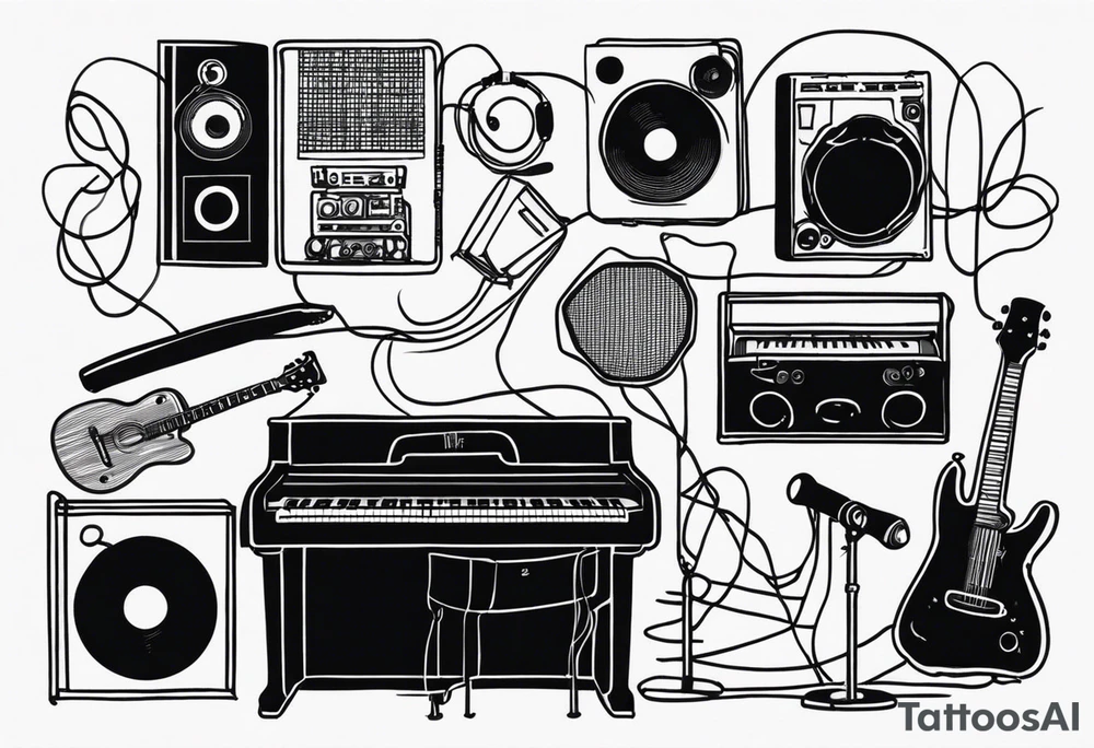 Piano, drums, guitar, speakers, headphones, cassette tapes, woven and interconnected by lines and cables. tattoo idea
