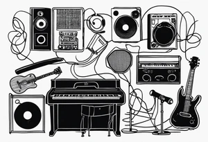 Piano, drums, guitar, speakers, headphones, cassette tapes, woven and interconnected by lines and cables. tattoo idea