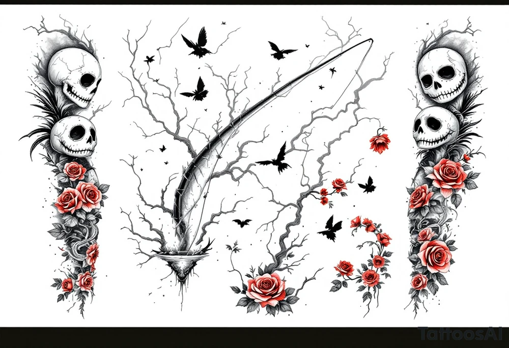 jack skellington fishing at river,smoking, thunder, roses, animals tattoo idea