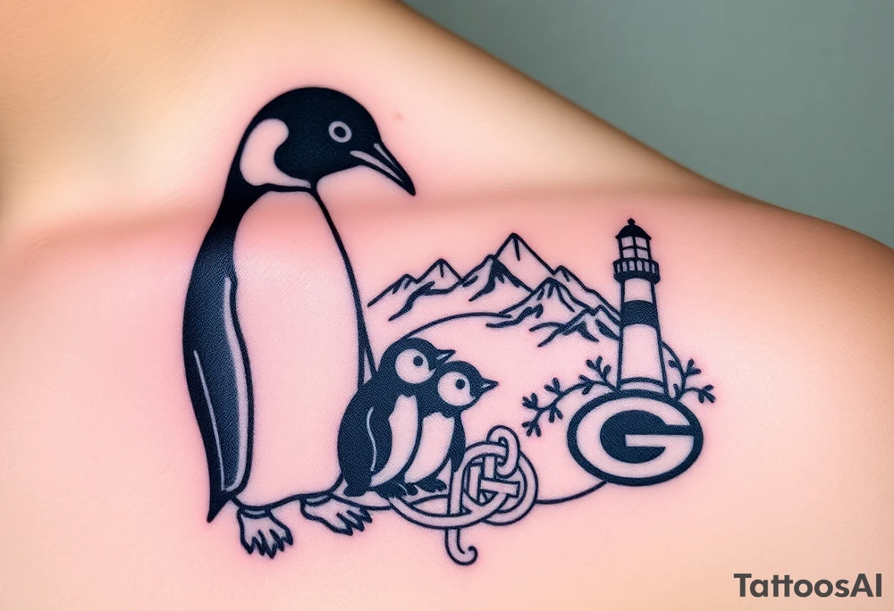 compilation outlining important things in my life such as one adult emperor penguin and 3 baby penguins, celtic trinity knot, lighthouse, mountains/nature, the green bay packers, and something to represent my 3 boys tattoo idea