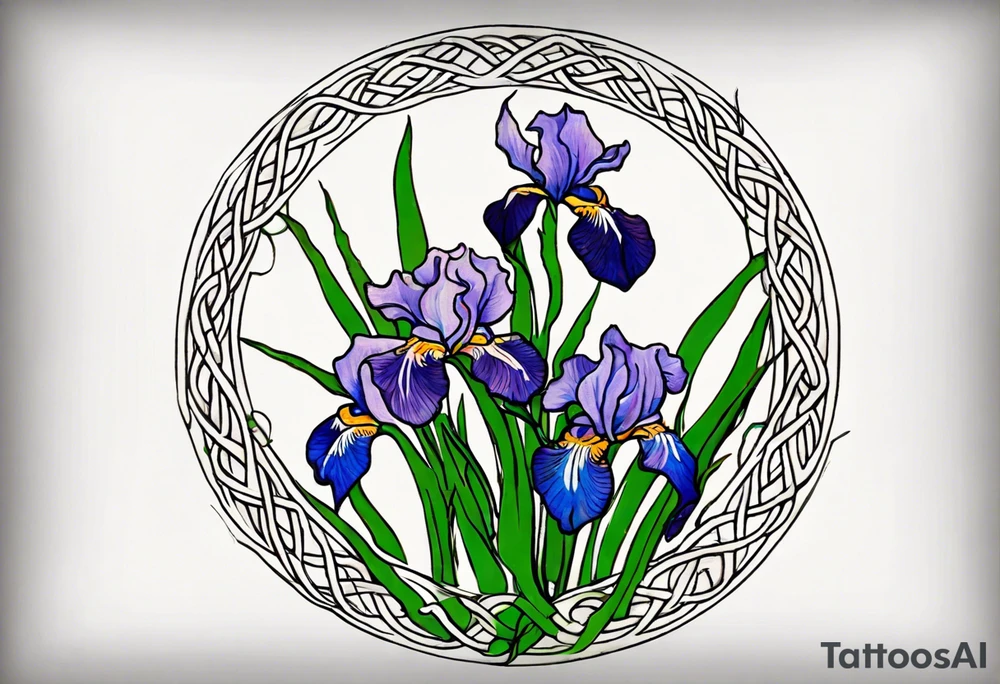 Create a colorful small Vincent van Gogh Irises tattoo with Celtic knots. The tattoo should take the form of a crescent, with vines gracefully intertwining at a central point in the middle of the wreath. Ensure that the design avoids the appearance of a bush and maintains a more structured and deliberate arrangement. The intended placement is on the upper chest. The overall design should be small in size while maintaining a delicate and artistic aesthetic. Pay attention to the graceful flow of the vines and the placement of the irises to achieve a refined and elegant look tattoo idea