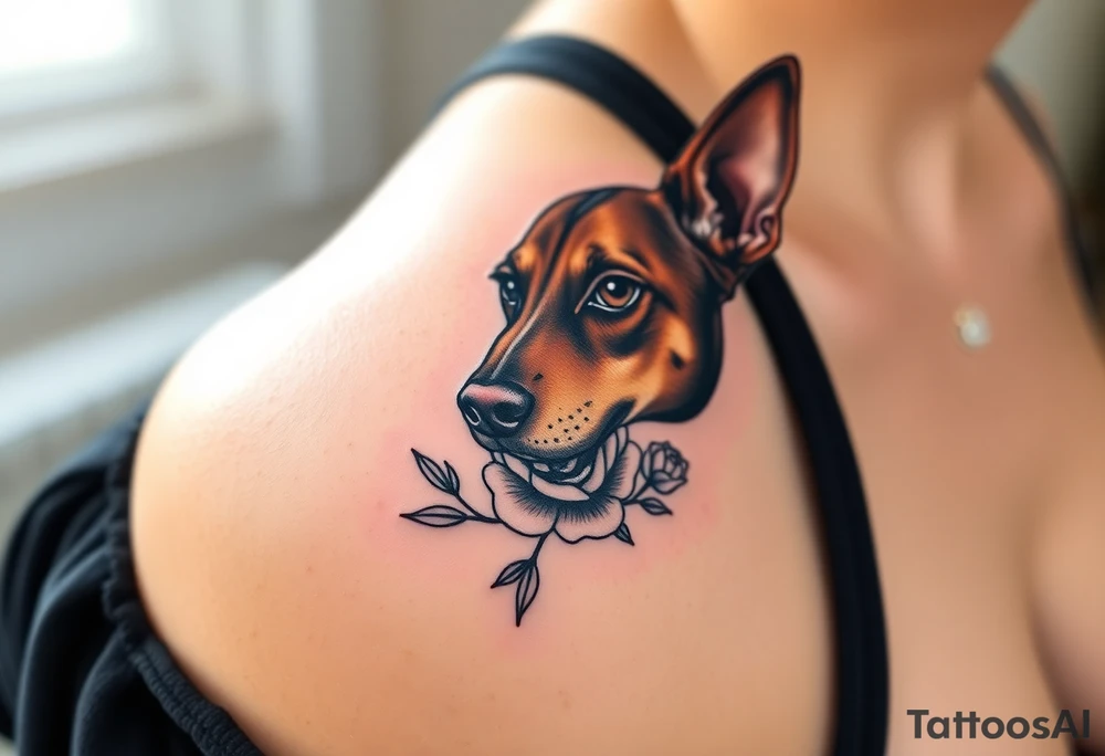 Cute female  large hound dog mix Brindle dog with the name kiwi . And a tiny rose around her . With her ears pointy a little big tattoo idea