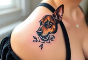Cute female  large hound dog mix Brindle dog with the name kiwi . And a tiny rose around her . With her ears pointy a little big tattoo idea
