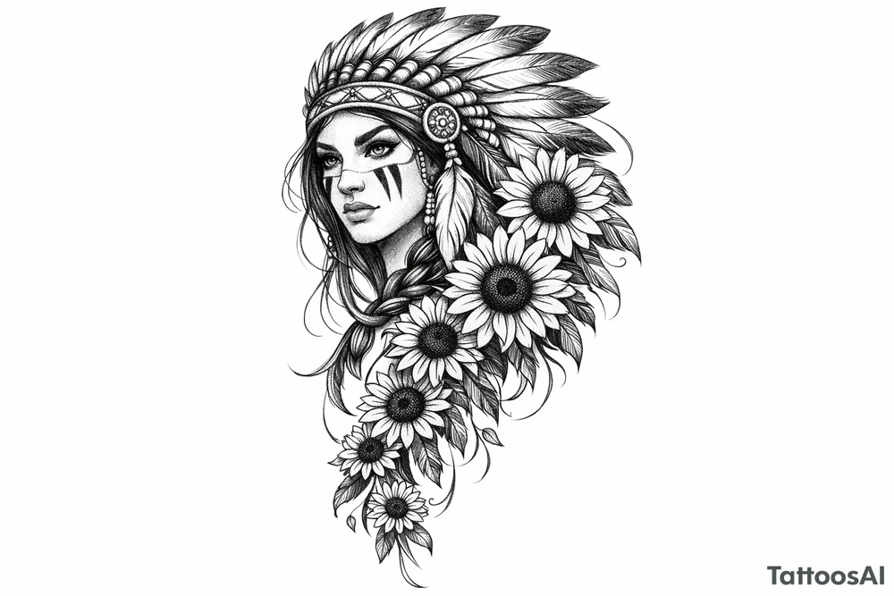 Tribal Indian with cascading sunflowers tattoo idea