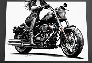 Bikergirl mit zwei boxer brads sitzt auf einen motorrad tattoo idea