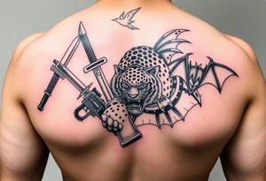 Tattoo design featuring Kuwabaras spirit Sword, Yusukes spirit gun, Toradoras palm top tiger, and the Deimon devil bat tattoo idea
