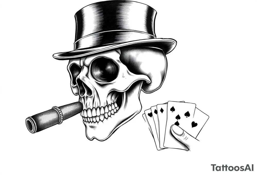 a skull with mustache, a big cigar in his mouth,top-hat on his head and playing cards in a hand. tattoo idea