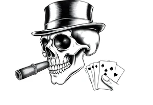 a skull with mustache, a big cigar in his mouth,top-hat on his head and playing cards in a hand. tattoo idea