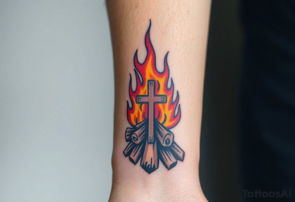 Campfire with cross hidden in the flames tattoo idea