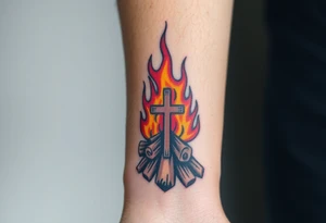 Campfire with cross hidden in the flames tattoo idea