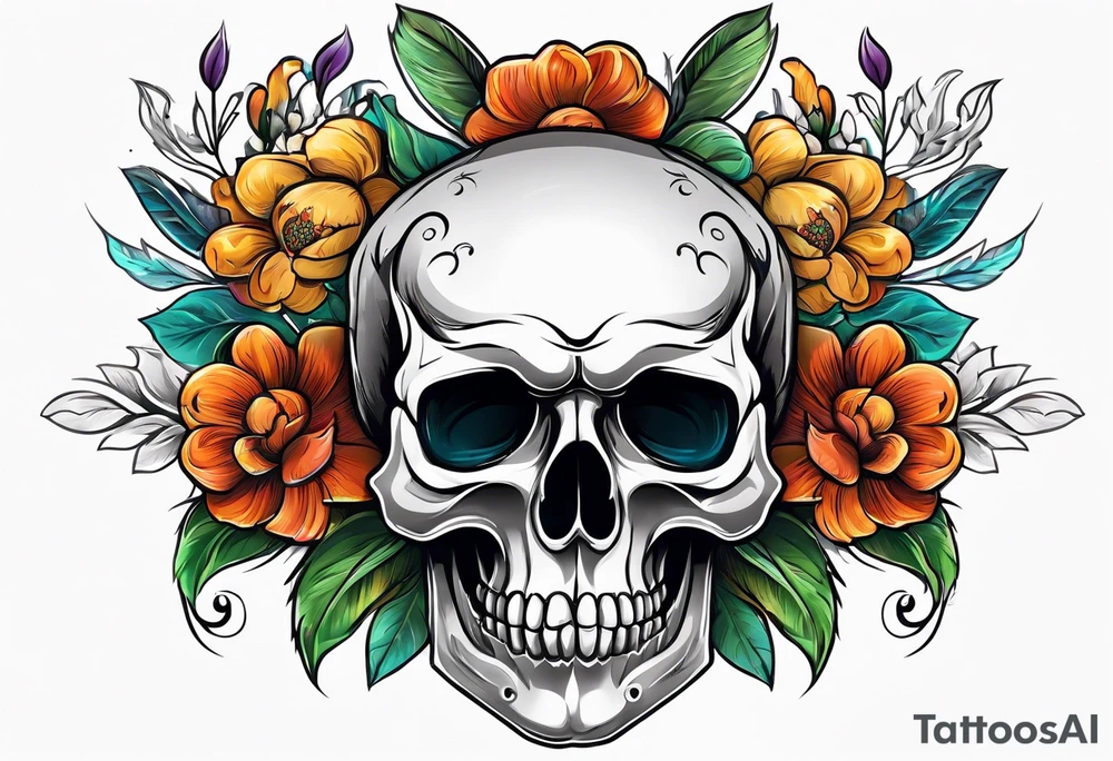skull with flowers growing on top of its head tattoo idea