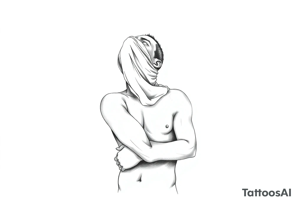 a naked man covering his eyes and mouth with a cloth with no emotions and looking up the sky tattoo idea