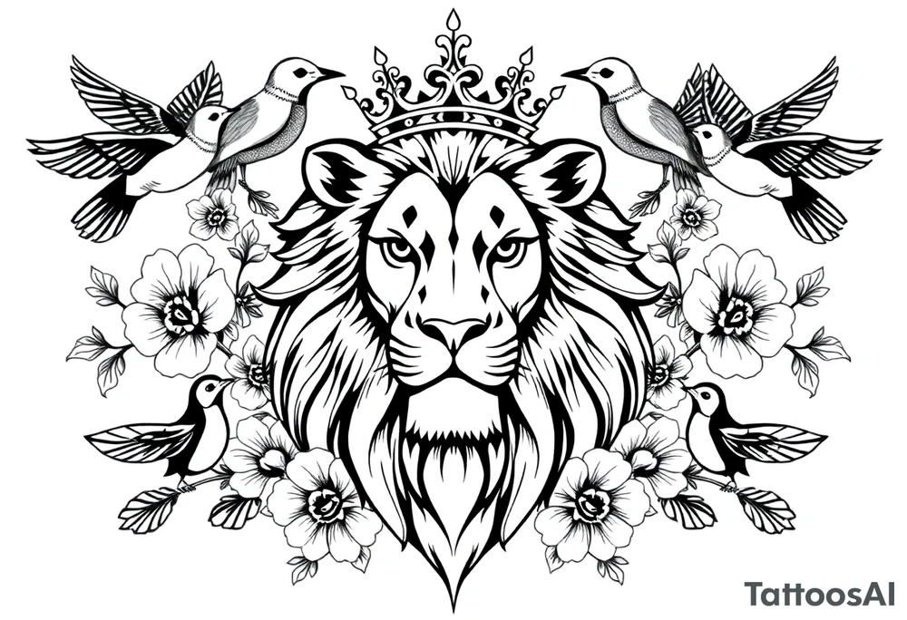 powerful majestic lion with a crown, surrounded by floral ornaments and birds tattoo idea