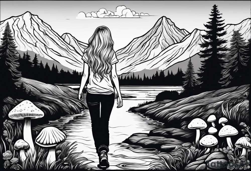 Straight long blonde hair hippie girl in distance holding mushrooms in hand facing away toward mountains and creek surrounded by mushrooms tee shirt and hiking pants tattoo idea