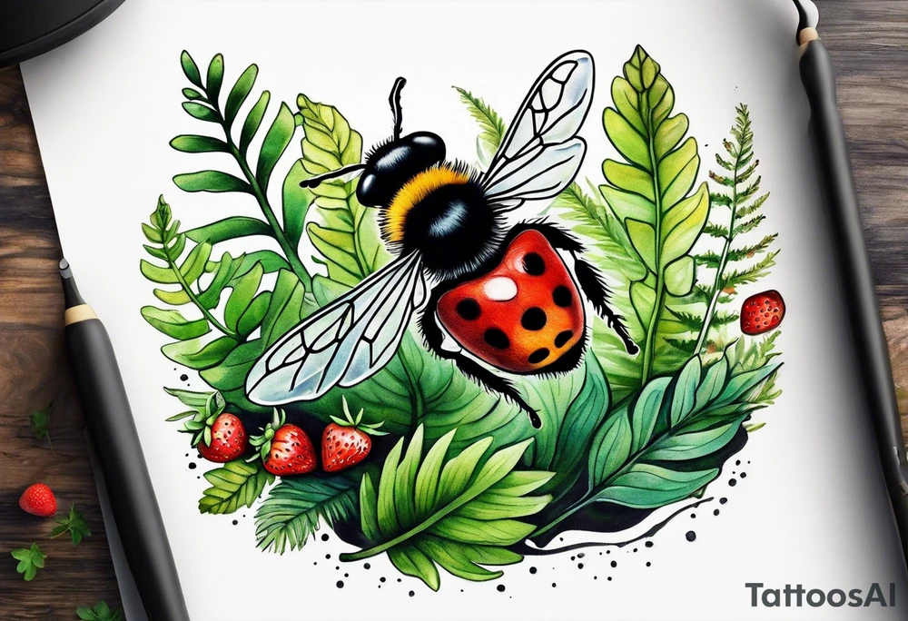 a delicate, minimalistic coloured realistic forest floor inspired tattoo, which must include: grass, ferns, small strawberries, a small flying bumblebee, dead leaves tattoo idea