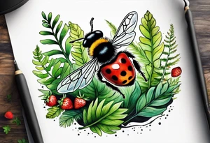 a delicate, minimalistic coloured realistic forest floor inspired tattoo, which must include: grass, ferns, small strawberries, a small flying bumblebee, dead leaves tattoo idea