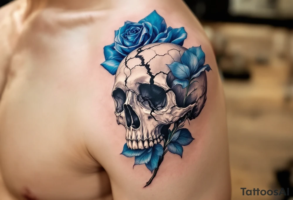 Blue rose growing from a cracked skull, vibrant ultramarine petals contrasting with aged bone in grayscale. tattoo idea
