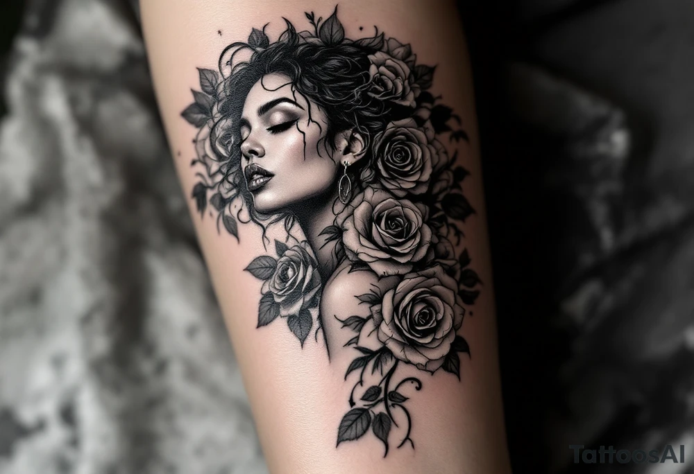 Broken Black woman surrounded by roses that shows the good and evil of humanity tattoo idea