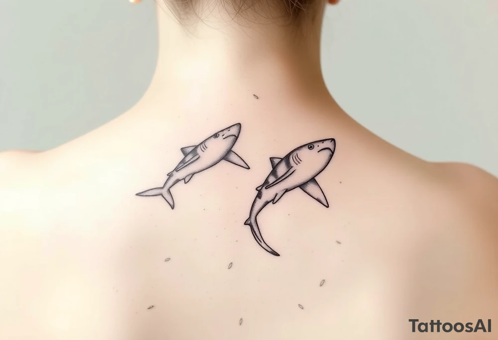 one lemon shark and one whale shark swimming upwards towards the neck in a line tattoo idea