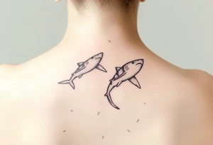 one lemon shark and one whale shark swimming upwards towards the neck in a line tattoo idea