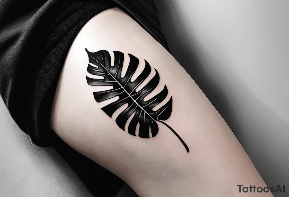 Abstract but realistic monstera leaf tattoo to go on the right leg on the outside of the leg next to the shin with a stem going down behind the ankle. Make it not so dark with lighter shading tattoo idea