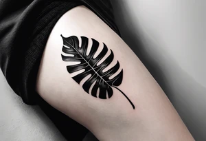 Abstract but realistic monstera leaf tattoo to go on the right leg on the outside of the leg next to the shin with a stem going down behind the ankle. Make it not so dark with lighter shading tattoo idea