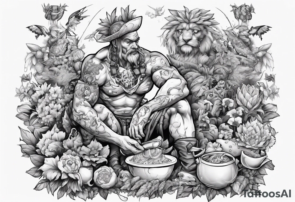 warrior in the garden feeding the weak with the world on his shoulders tattoo idea