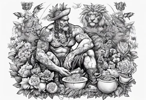 warrior in the garden feeding the weak with the world on his shoulders tattoo idea