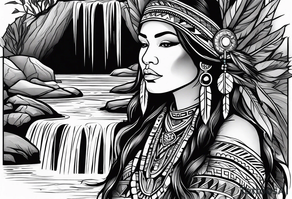 A native American Indian woman by a waterfall she is Aquarius water barrer she has tattoos and her eyes can see right through you tattoo idea